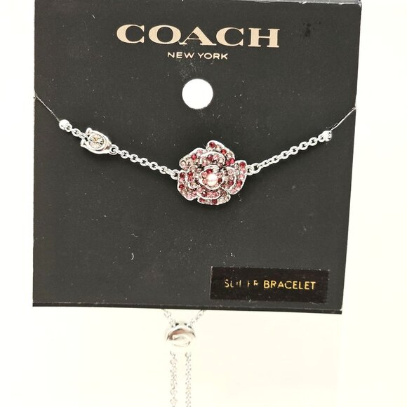 Coach Silver Rose Slider Bracelet‎ With Pink Crystal & Pearl Embellishments NWT - Picture 7 of 8